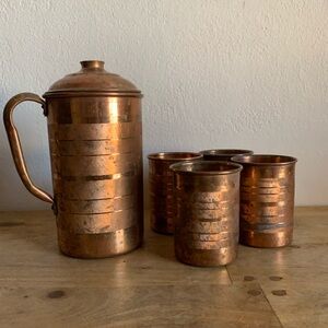 vintage copper pitcher and 4 cups set